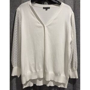 Adrianna Papell White Sweater Cardigan Sz Medium Buttons Polkadot Sheer Sleeves